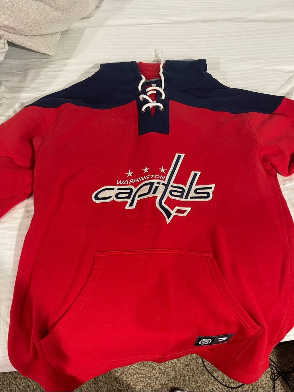Fanatics Red and Navy Hockey Hoodie with Lace-Up Collar